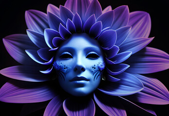 Fantasy blue nad purple colored flower female masked witch creature. Generative AI.