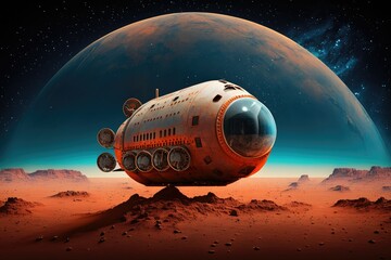 A cargo spaceship with MARS in the distance. The study of the cosmos and the mentalization of outer space. Settling Mars.