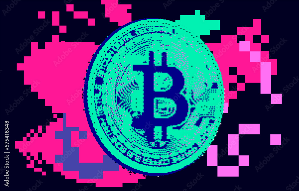 Poster Pixel art of a 3D bitcoin currency on a glitched background background.