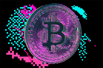 Fototapeta premium Pixel art of a 3D bitcoin currency on a glitched background background.
