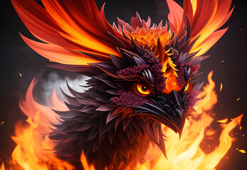 Fantasy burning bird phoenix createure in fire. Generative AI.