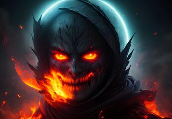 Fantasy horror male burning witch face on full moon background. Generative AI.