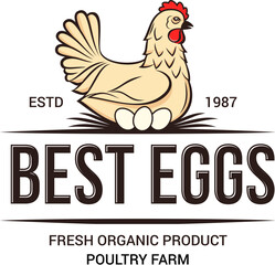Chicken Poultry Farm Logo, Vintage Premium Quality. Fresh Organic Chicken Eggs Farmer Logotype, or Badge Design. Isolated on White Background