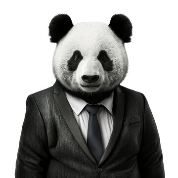 Portrait of a panda dressed in a formal business suit on white background, transparent png, generative ai