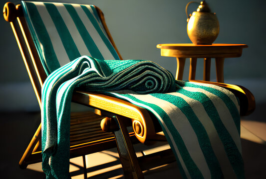 deck chair on the beach with beach towel, relaxing beach vacation scene, generative ai
