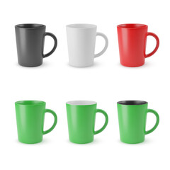 Illustration of Six Realistic Empty Ceramic Coffee Cup or Tea Mug. Mockup with Shadow Effect, for Web Design, and Printing on a White Backdrop