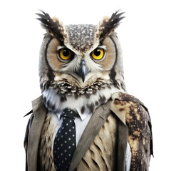 Portrait of an owl dressed in a formal business suit on white background, transparent png, generative ai