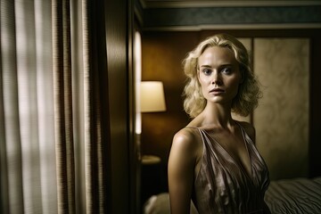 Naklejka premium AI generated portrait of young woman in bedroom or hotel room 