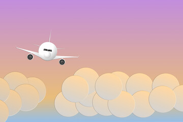 Cute illustrated plane on pinky blue sky with clouds