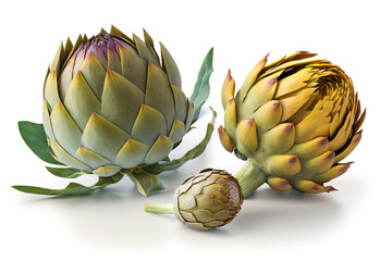 Obraz premium Raw ripe Artichokes vegetables isolated on white background. AI generative