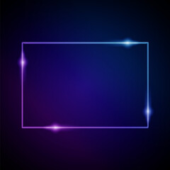 Neon Frame with Glow, and Sparkles. Electronic Luminous Rectangle Frame in Blue Colors, for Entertainment Message or Promotion Theme on Dark