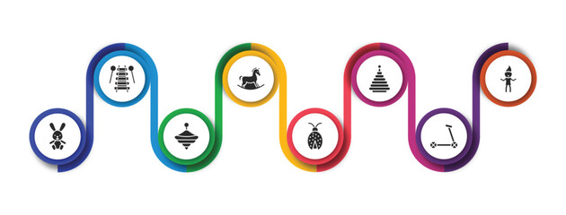 toys filled icons with infographic template. glyph icons such as xylophone toy, rocking horse toy, pyramid toy, troll bunny spinning ladybug scooter vector. © IconArt