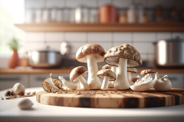 Whole mushrooms on a kitchen table. Cooking vegetarian food. AI generative