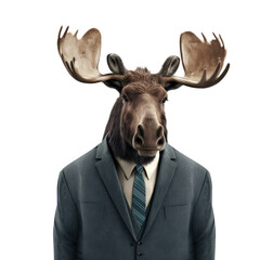 Portrait of a moose dressed in a formal business suit on white background, transparent png, generative ai