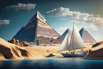 Felucca sail cruise down the Nile river against Egyptian pyramids AI generative