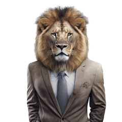 Portrait of a lion dressed in a formal business suit on white background, transparent png, generative ai