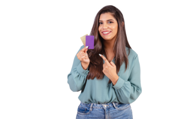 Horizontal photo. Beautiful Brazilian woman, with casual clothes, Jeans and green shirt. holding credit cards. Expressions.