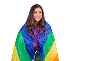 Horizontal photo. Beautiful Brazilian woman, with casual clothes, Jeans and green shirt. holding lgbt flag.