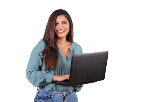 Horizontal photo. Beautiful Brazilian woman, with casual clothes, Jeans and green shirt. with notebook.