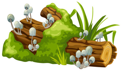 Mushrooms, moss on logs. Cartoon stump in toadstools in swamp forest. Poisonous  shrooms, broken tree in tropical damp jungle. Isolated vector element on white background for computer game. - obrazy, fototapety, plakaty