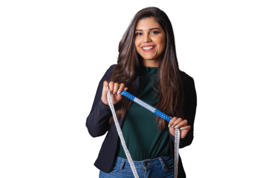 Horizontal photo. Beautiful Brazilian woman in casual clothes, black blazer jeans. holding measuring tape, nutritionist.