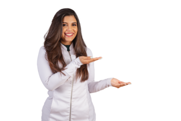 Horizontal photo. brazilian woman with medical coat, nutritionist. advertising on the right.