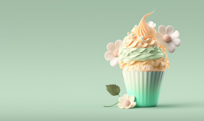 Fototapeta na wymiar Classic cupcake with soft cream swirl decorated with flowers isolated on a pastel background. 3d render illustration. Generative AI art. Copy space, cartoon style. Spring concept for pastry shop.