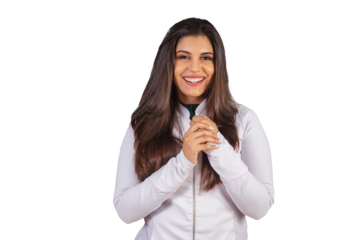 Horizontal photo. brazilian woman with medical coat, nutritionist. hands in the center.
