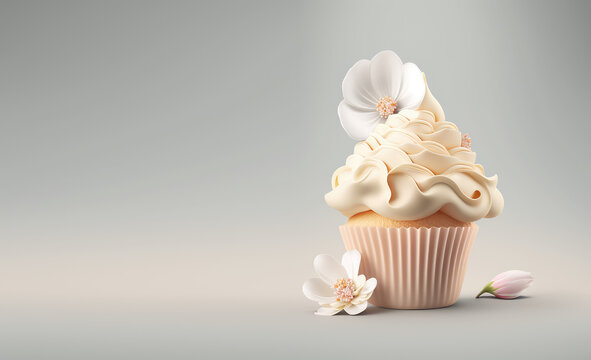 Classic cupcake with cream swirl decorated with flowers isolated on a pastel grey background. 3d render illustration. Generative AI art. Copy space, cartoon style. Spring concept for pastry shop.