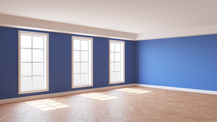 Sunny Room Interior with Blue Walls, Three Large Windows, White Ceiling and Cornice, Glossy Herringbone Parquet Floor and a White Plinth, 3D illustration. 8K Ultra HD, 7680x4320, 300 dpi