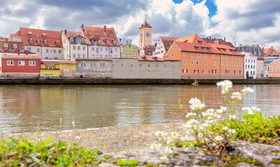 Regensburg. View of the old city embankment along the Danube.