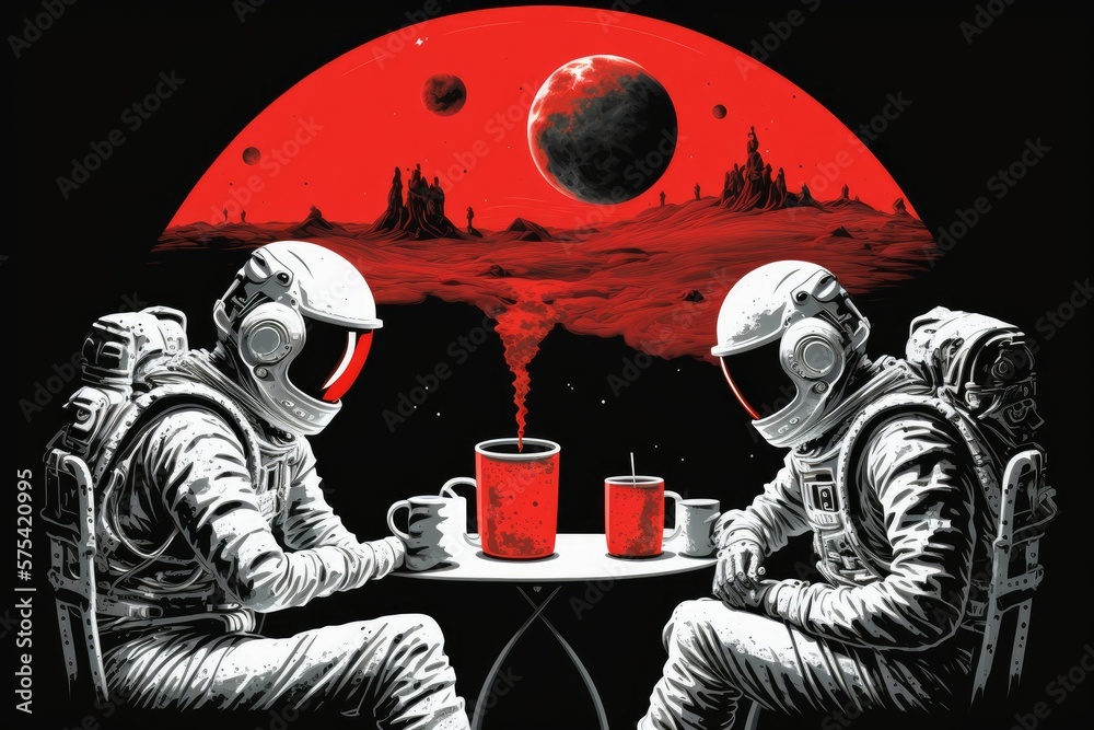 Wall mural Astronauts enjoying a cup of joe on a skull planet. Generative AI