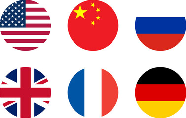 Set of Round Flag Collection of USA United States of America, People's Republic of China, Russia, United Kingdom UK Great Britain, France and Germany. Vector Image.