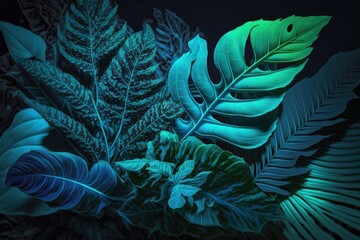 Artistic use of neon colors to depict tropical foliage. To the contrary, fluorescent hues tend to flatten out. Nature is an idea. Generative AI