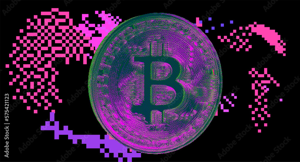 Poster pixel art of a 3d bitcoin currency on a glitched background background.