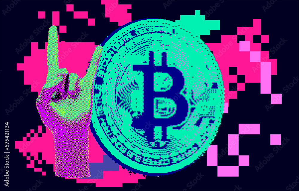 Aufkleber pixel art of a 3d bitcoin currency on a glitched background background.