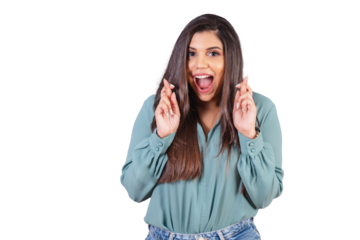 Horizontal photo. Beautiful Brazilian woman, with casual clothes, Jeans and green shirt. lucky sign, fingers crossed, wishing.