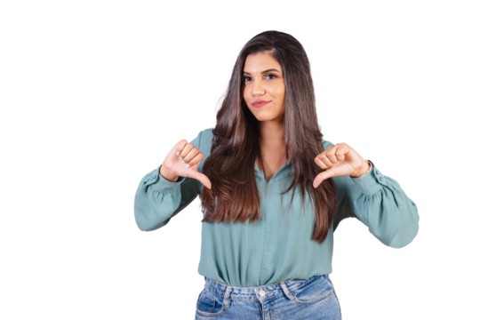 Horizontal photo. Beautiful Brazilian woman, with casual clothes, Jeans and green shirt. sign of dislike, negative.