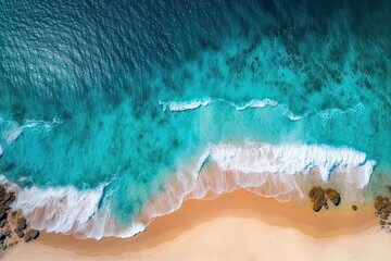 Aerial view of sandy beach, clear turquoise Mediterranean sea. Photo generative AI - obrazy, fototapety, plakaty