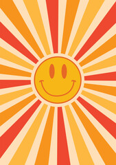 Retro sun ray groovy happy hippie vintage poster. Good Vibes Only.  - 575421354