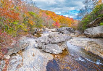 Fall Foliage Brightens a Rocky Stream. Multi-colored fall foliage decorates a stream bordered by large rocks and boulders in  Graveyard Fields in the Blue Ridge Parkway