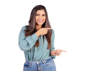 Horizontal photo. Beautiful Brazilian woman, with casual clothes, Jeans and green shirt. displaying advertising on the right.