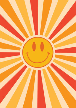 Retro sun ray groovy happy hippie vintage poster. Good Vibes Only. 