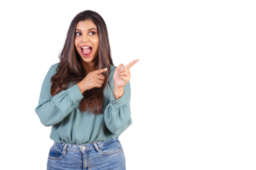Horizontal photo. Beautiful Brazilian woman, with casual clothes, Jeans and green shirt. displaying advertising on the right.