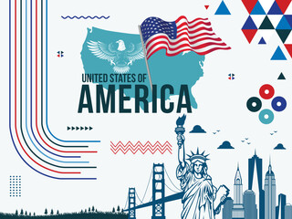 USA independence day banner, USA National Waving Flag, National Eagle, Statue of Liberty, landmarks, USA Map Vector Illustration © Graphic040