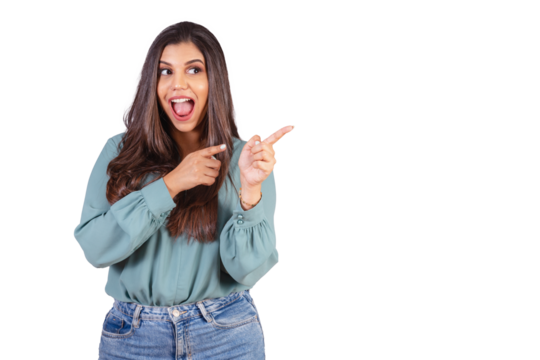 Horizontal photo. Beautiful Brazilian woman, with casual clothes, Jeans and green shirt. displaying advertising on the right.
