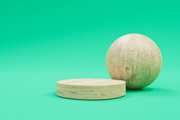3D display podium pastel green background. Nature wood minimal pedestal for beauty, cosmetic product presentation sphere ball. copy space template, 3D Illustration