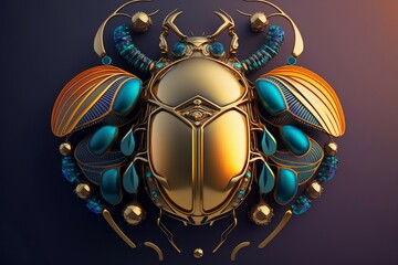 Golden scarab bug decorated with jewelry stones close up. Ai generative - obrazy, fototapety, plakaty