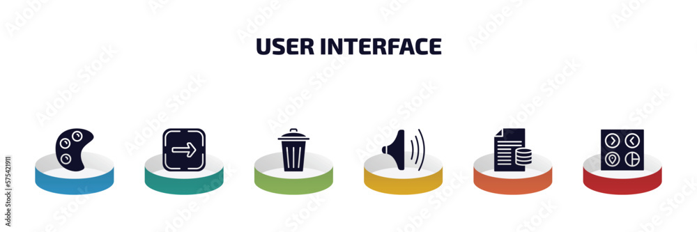 Poster user interface infographic element with filled icons and 6 step or option. user interface icons such