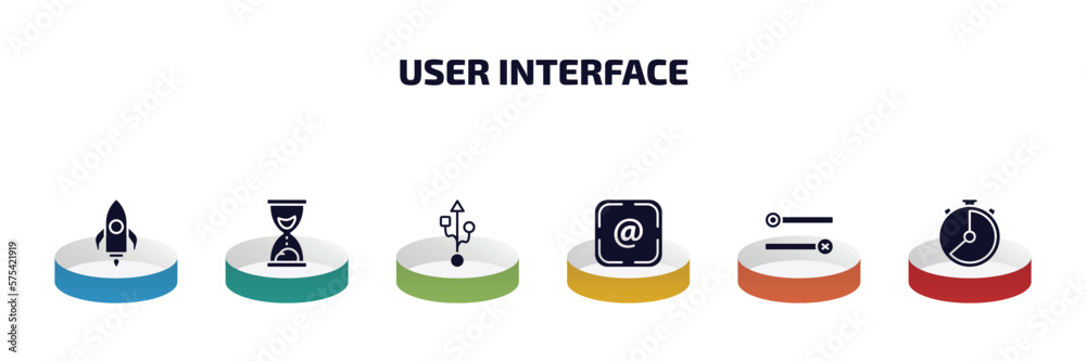 Poster user interface infographic element with filled icons and 6 step or option. user interface icons such